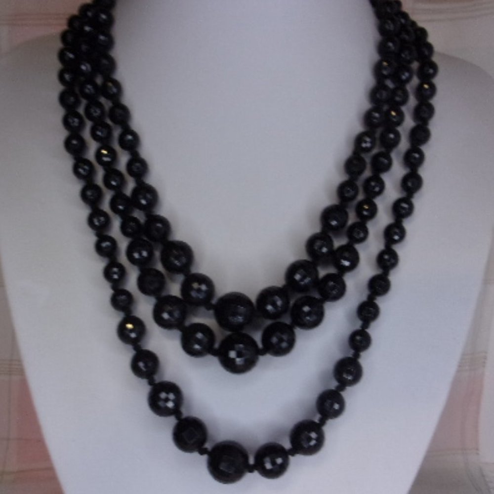 Vintage Black Plastic Three Strand Bead Necklace W Germany